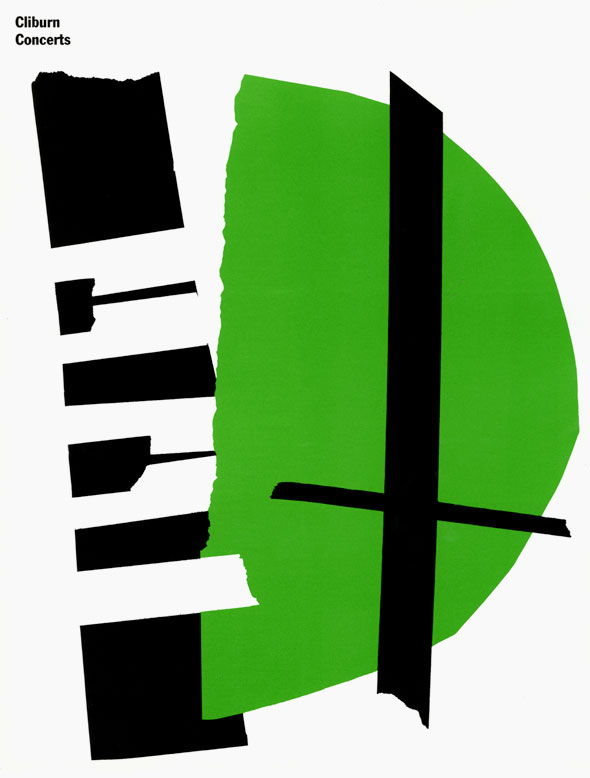 Graphic design of an abstract piano made with black, white and green paper against a white background. At the top is "Ninth Van Cliburn International Piano Competition" in black bold text.