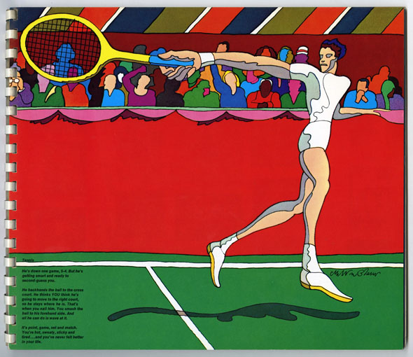 Colorful, expressive illustration of a male tennis player against a watching crowd