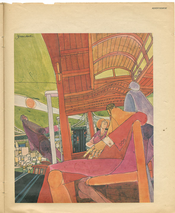 Expressive, colorful illustration of two people talking while riding a red cable car in a city, viewed from below