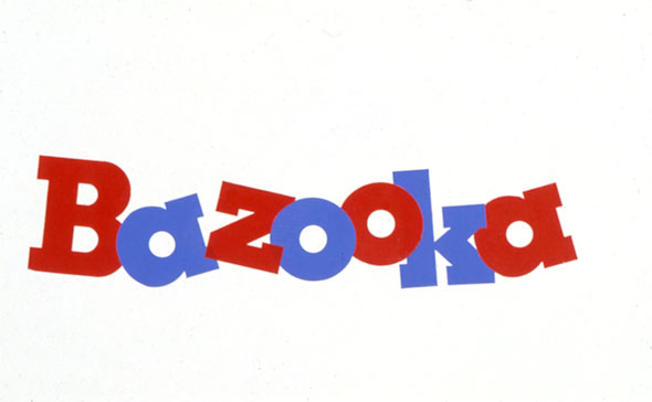 A design for  the logo "Bazooka". The color of the letters are a red-blue pattern. All letter are in the same bold thick big text but each letter is angled differently and overlap each other.