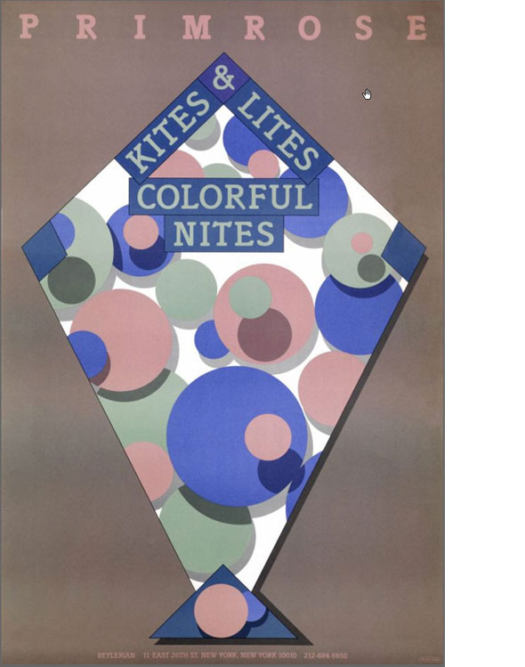 Kite shaped graphic against taupe background containing text and circles in muted colors