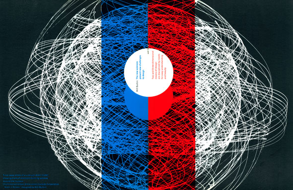 A time-lapse photo of a uranium atom model (in white against black background) showing trails of electrons forming spheres around the nucleus (overlayed blue and red columns)
