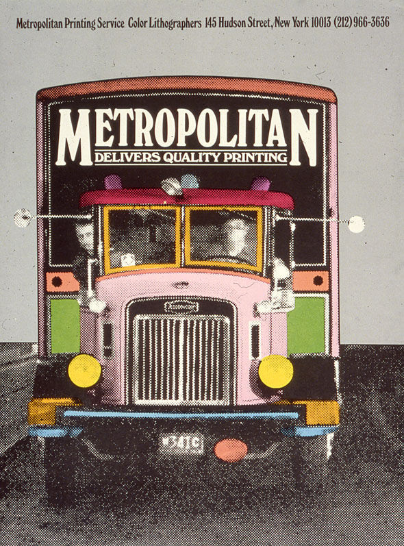 A printed ad. A cargo truck is in the center and is shown from the front. Some part of the truck is colored with bright hues. The rest of the truck, the background, and the two men driving are monochrome. On top of the truck "METROPOLITAN. Delivers quality Printing" is printed in white bold text.