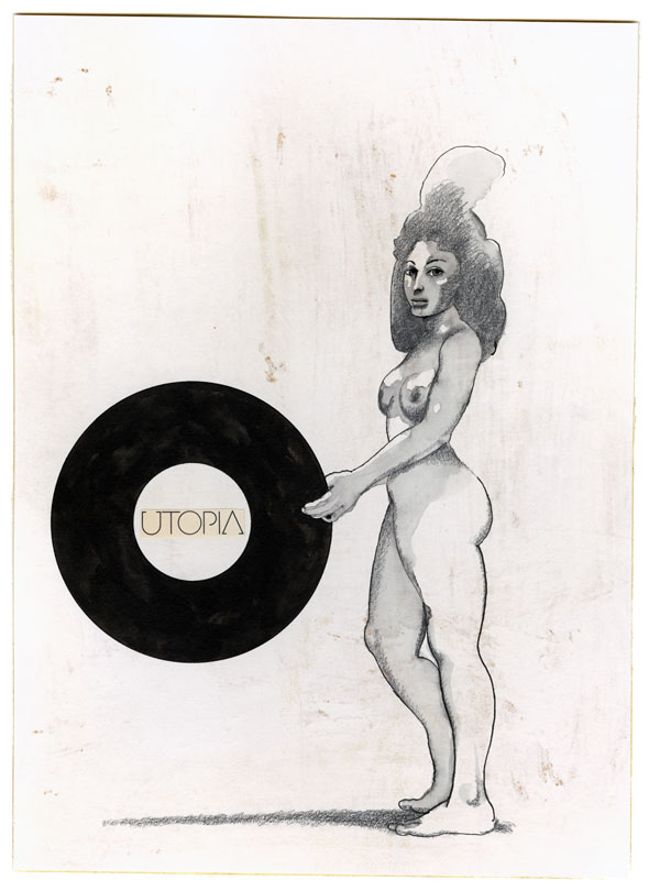 Rough pencil washed sketch of a nude woman with a feather in her hair holding a large record containing the text UTOPIA