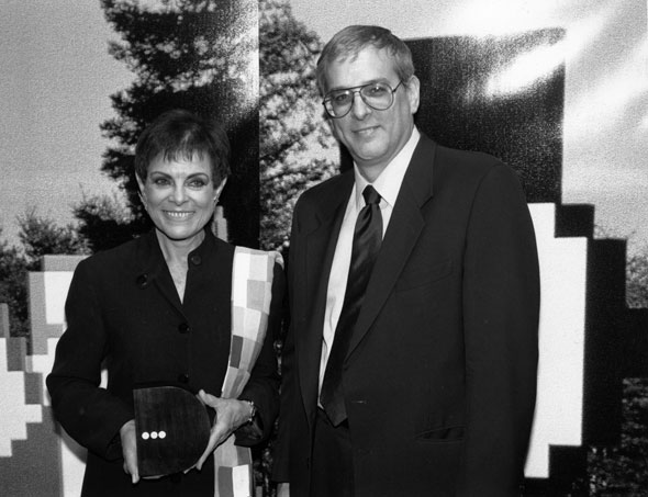 Black and white photo of Sussman and David Rhodes.