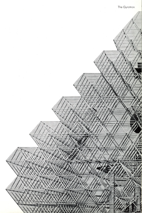 A black and white side view of Gyrotron, a building with geometrical, triangular structure.