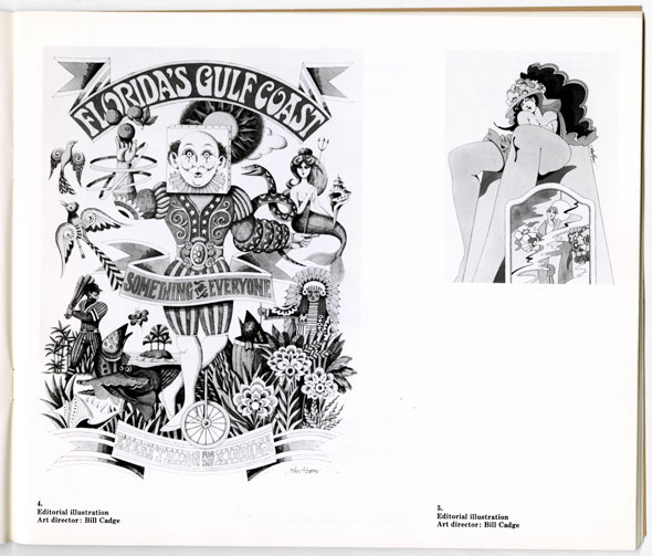 Two black and white illustrations; one of a surreal, jester like figure, and one of a woman viewed from below