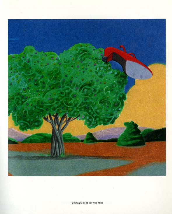 Flat landscape painting with a large green tree with a large red heeled shoe hanging off to the tree's side. 
