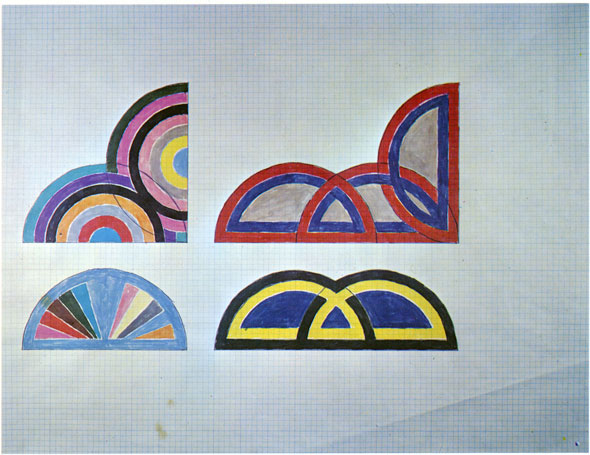 A sketch of several semi-circles on a graphed paper. Three sketches are of semi-circles are being intertwined with one or more semi-crrcle. The 4th is just one semi-circle that is divided inside and is colored with bright colors. 