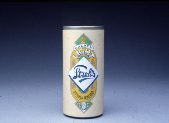 A photo of a small beer ca. The background is a light beige. "Stroh's" is written is a bold navy blue water color texture scripted text. The brand name is in a big white diamond that is in the middle of the can. Behind the white diamond is a yellow design with " Light" is bold capped white text and the top of the yellow design. At the top and bottom of the yellow design is small drawing of a stack of barely and a old man with a beer glass. 