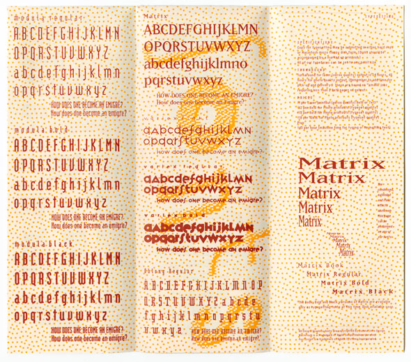 Maroon text against yellow and white dotted background, showing the alphabets of various fonts