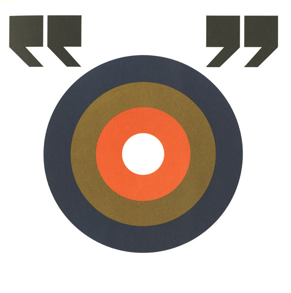 Brown, navy and orange target graphic in between quotation marks. 