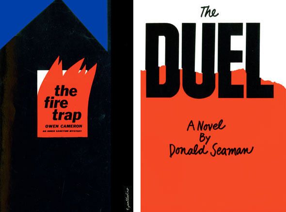 Two book covers with strong reds; left is a geometric depiction of a black house with fire coming out of the window the title reads" The fire trap"; the right is large block text against a wavy red block against white the title reads "The Duel"