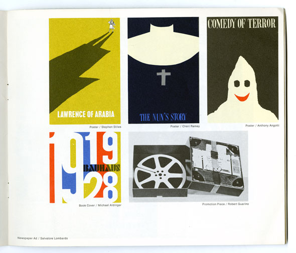 A photo of a page from a booklet that show several graphic designs and a photo. The top 3 graphic designs are posters. They're all minimalistic with flat colors. At the bottom is a graphic design for a book cover, made with the primary colors and big bold white font. Next to it is a black-and-white photo a a electronic box.  