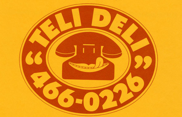 A logo design for "Teli Deli".  The background is warm yellow in the center is a red oval-ish circle. In the middle of the red circle is an old fashion telephone with eyes and a mouth with a tongue sticking out. "Teli Deli" is printed within the upper half of the circle's outline, in bold yellow front. In the lower half of the circle's outline, is their phone number in the same font and color as "Teli Deli" 