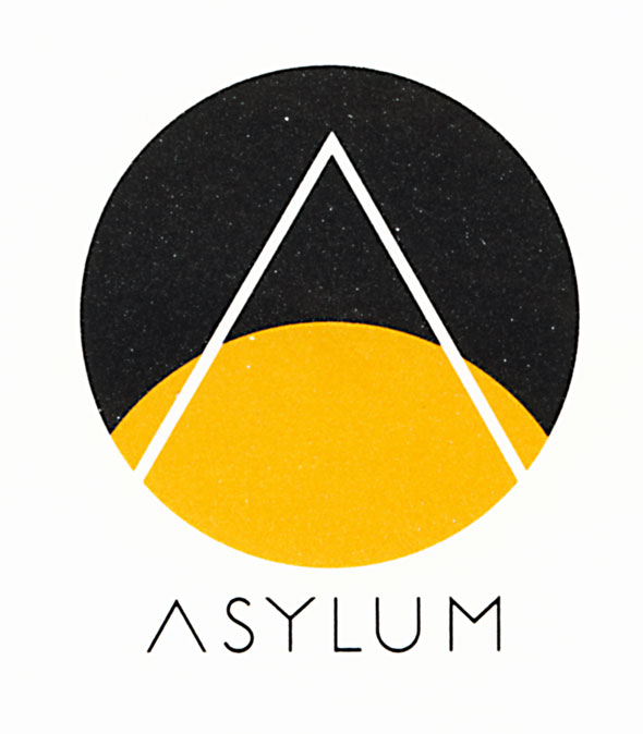 Graphic of a white triangle overlapping a part of a yellow circles, which resembles the sun, in a black starry sky. Below in thin futuristic text is "Asylum"