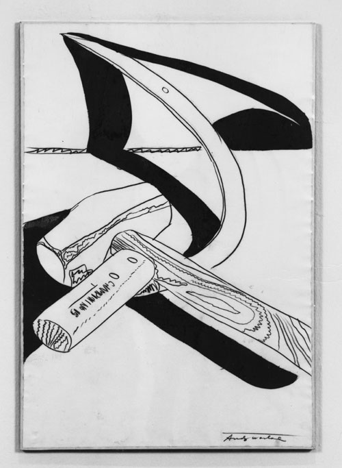 A photo of an artwork. It's a white and black painting of a mallet and a sickle. The mallet is laid on top of the sickle. The drawing has few details and has the objects cast an opaque black shadow. 