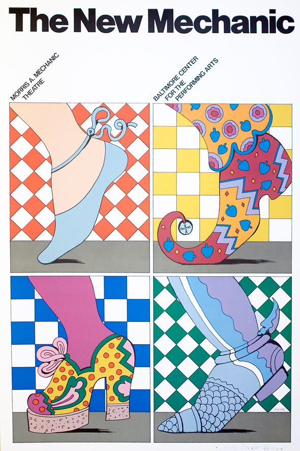 Four panel illustration of different feet in colorful shoes; a simple flat, jester-style, a platform heel and armor
