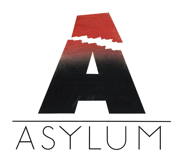 A graphic design of a Red to black gradient A with the top of the letter ripped off. Below in thin big lletter it reads "ASYLUM".