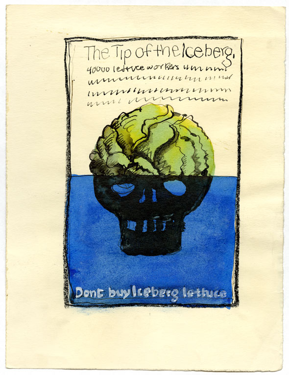 A sketch of a poster with a black skull that is half submerged in bright blue water. The top half of the skull is a green iceberg lettuce. "The tip of the iceberg. 40,000 workers..." written thinly above the skull and "Don't buy iceberg lettuce" at the bottom of the poster. 