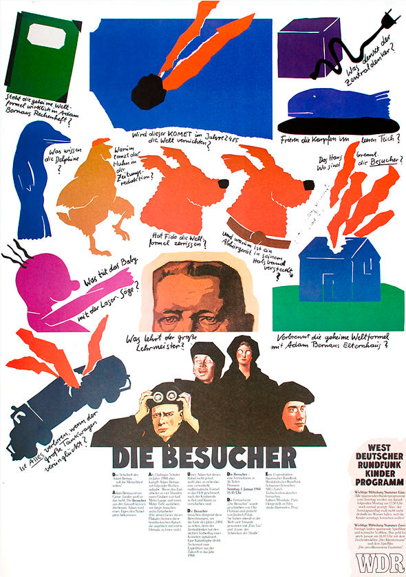 Collage and illustration made of handwritten text and brightly colored torn paper against a white background.