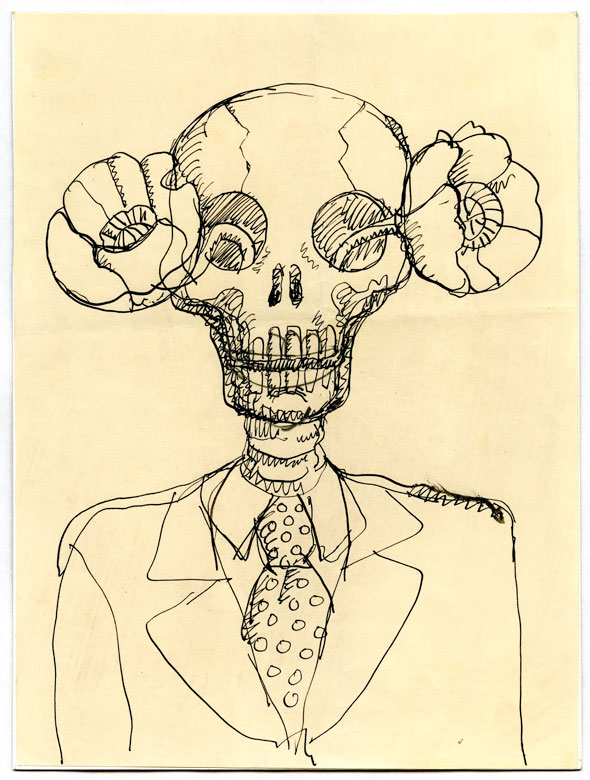 An ink sketch on paper of a skeleton in a suite and tie. It has a poppy growing out of both eye sockets.