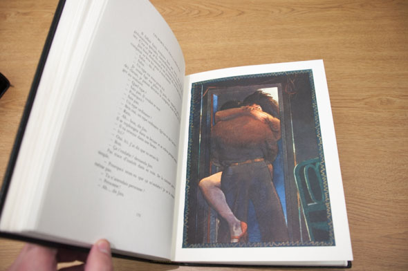 Fully colored illustration of man and woman embraced under a door frame.