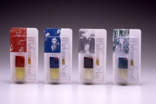 A photo of 4 packages of tiny perfume bottles. All packages has a white background with the perfume on the bottom right. Each package has small photo correspond to the perfume's purpose. For women is a crowd of women, for night is a woman in a club, for men it's sailor, for sport it's a bike race.