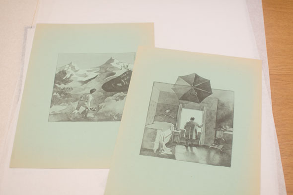 A photo of 2 monochrome watercolor illustrations. On the left, is a drawing of a boy looking at the mountains in front of him. One the right, is a boy looking out a window of a small simple bedroom. Above the boy an umbrella floats, going over the drawing's frame.