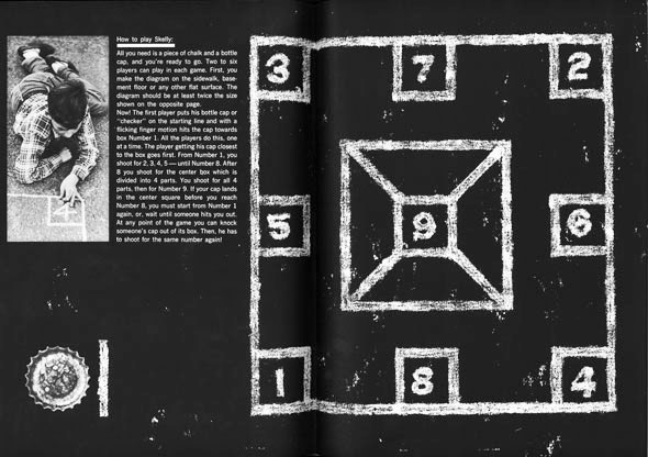 Black and white magazine spread about how to play the street game, Skelly; a large numbered grid is next to a block of text and a boy playing said game