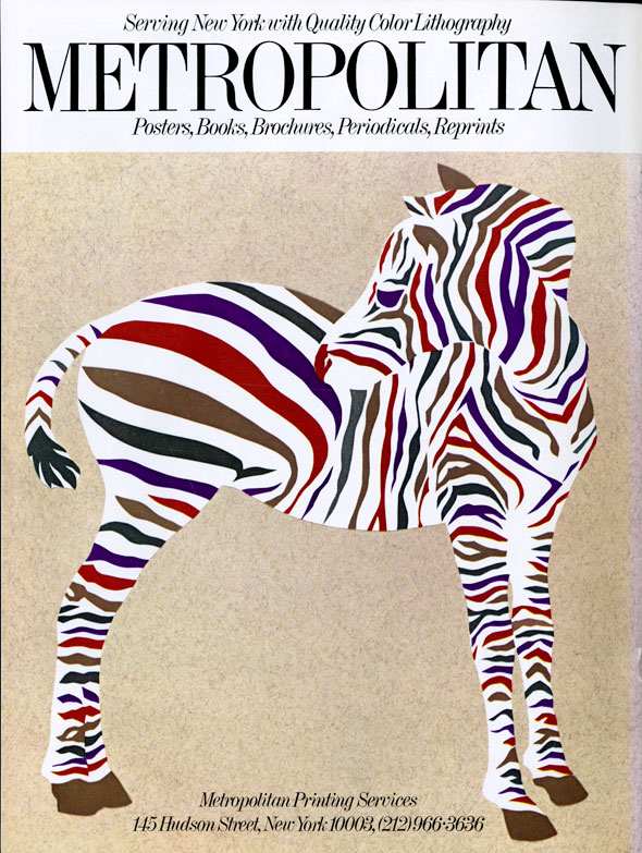 A printed ad. An illustration of a zebra with navy blue, scarlet, dark green, and brown stripes. The background is a light brown that has a grainy texture. Above the zebra "Metropolitan" is printed in think black text.