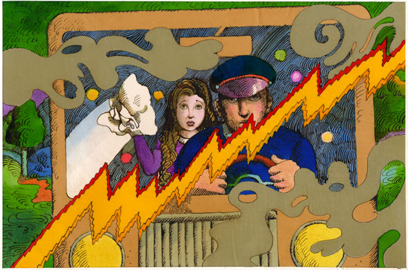 An illustration of a brown truck up close. The truck driver is in a navy blue uniform and next to him is woman in a violet dress holding a wrinkled paper. The truck is a green forest-like scenery. there is fluid grey smoke surrounded the truck and there's a static lighting in front of the truck. The illustration is drawn with some hatched line to create form.