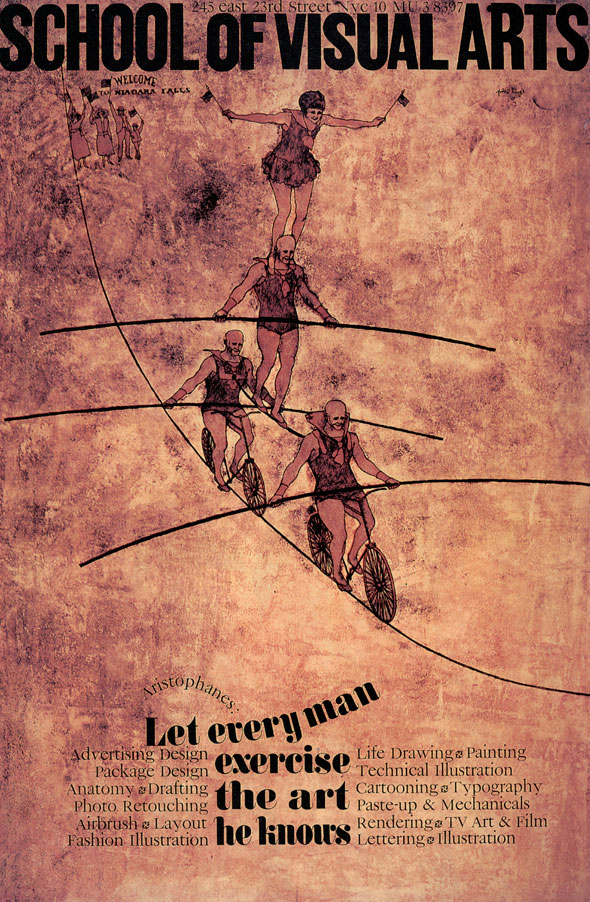 Sepia illustration of circus performer walking on a tightrope, two on bikes, and two others balancing on top of a pole connecting the two bikes. A crowd is visible on the ground.