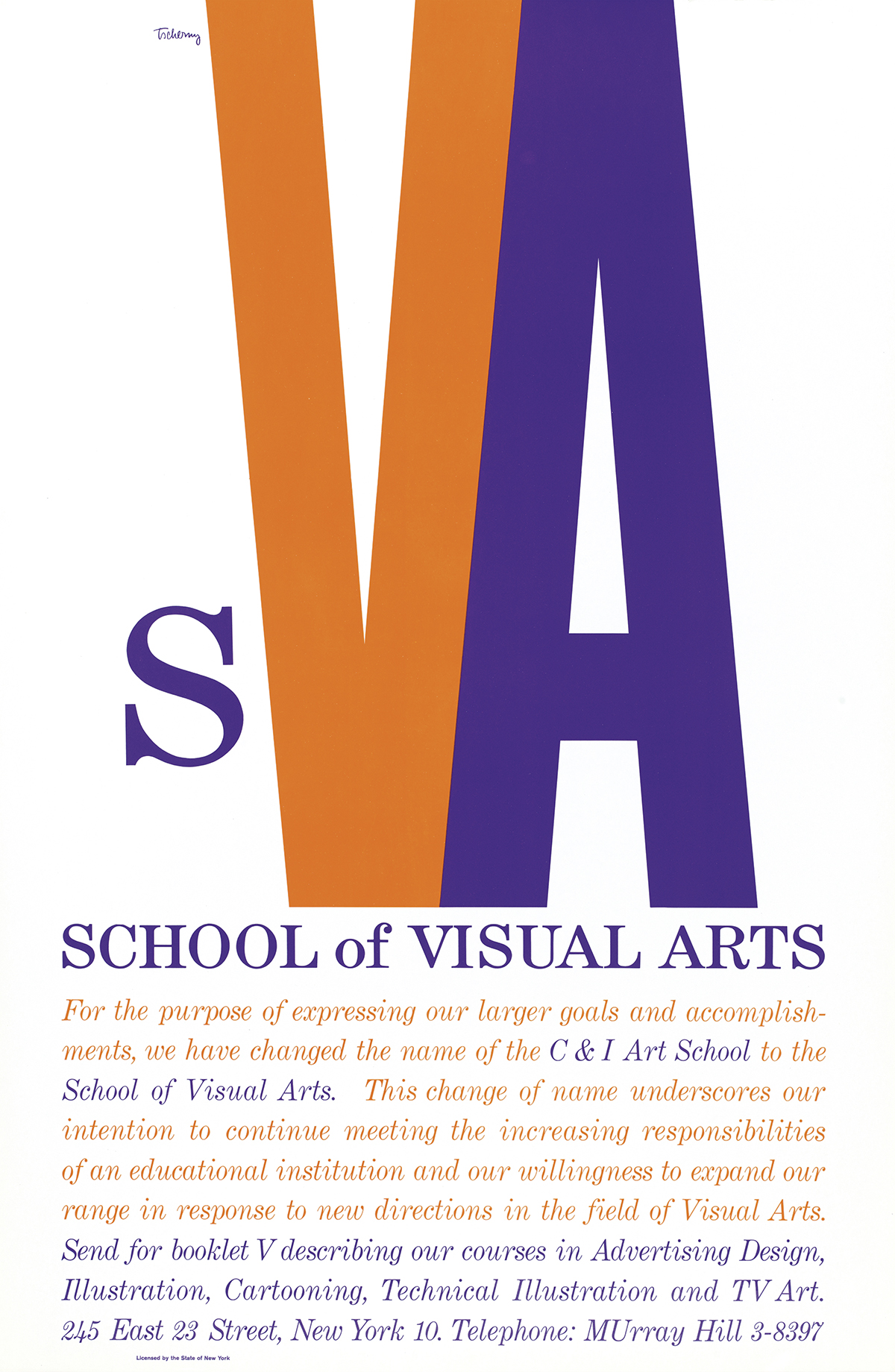 Poster for School of Visual Arts announcing name change, with small purple "s" and large orange "V" and large purple "A"