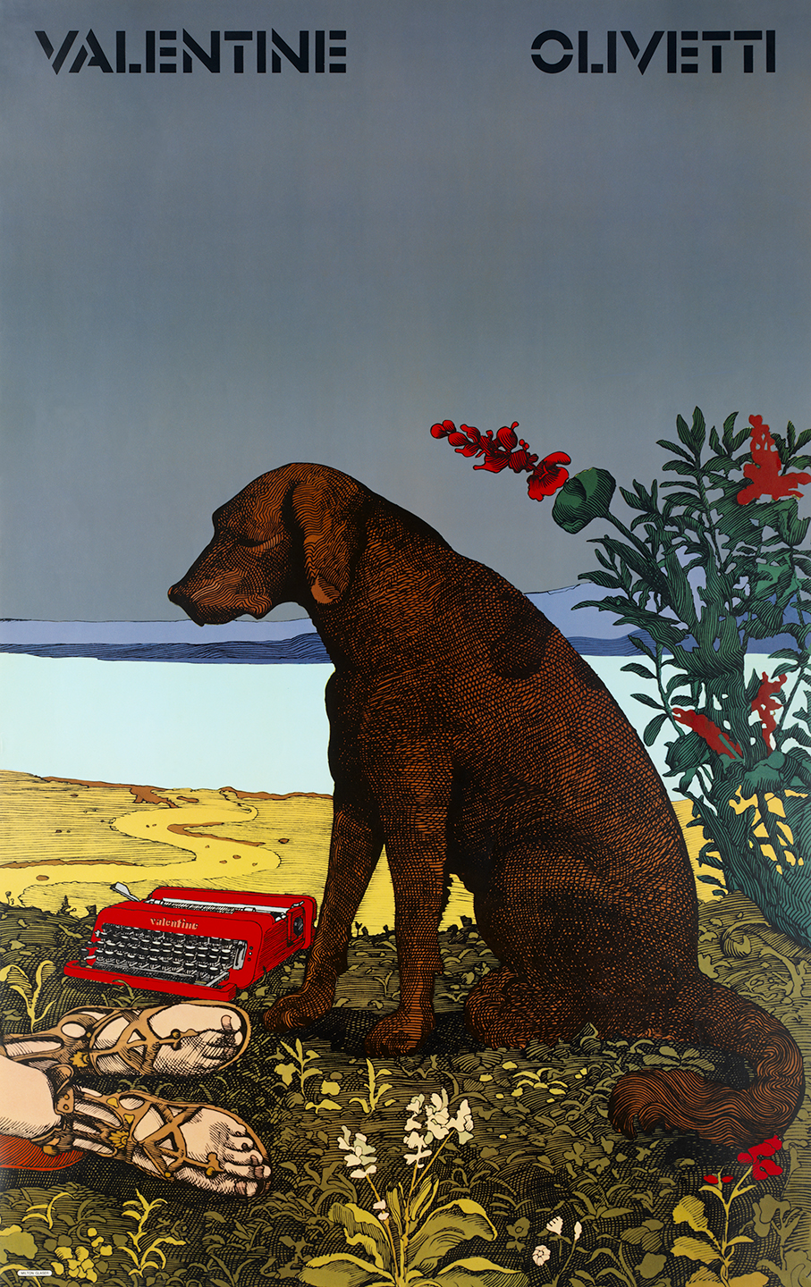 Mourning dog with typewriter and sandaled feet