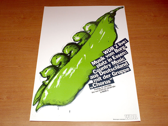 Poster for Edelmann exhibition featuring green, smiling peas in a pod.