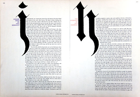 Magazine spread: both pages are text, with the first letter of each column in an oversized gothic font