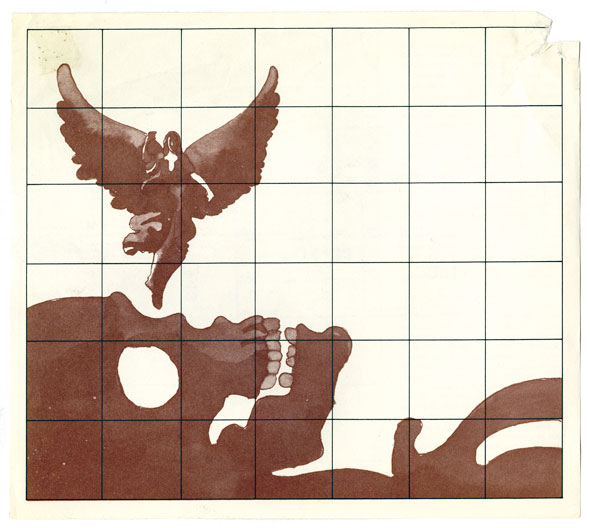 An ink illustation on a 6 by 6 grid paper of a skeleton laying down on it's profile. On the skeleton's nose a small angel hovers above it. The angel is draped in cloth and has their wings open with one hand slightly raised. 