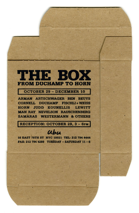A photo of Unfolded brown box with block black text. The text is information o an event titled "The box" in big bolded letter, followed by information of the event.