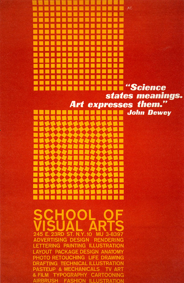 Two yellow grids against a red background; one is normal, but the other has blocks twisted slightly to create a spiraling effect. Text is in yellow.