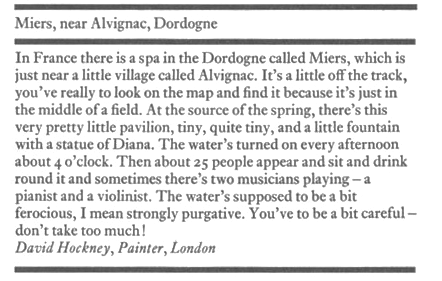 Column about places to visit in France; contributor is David Hockney