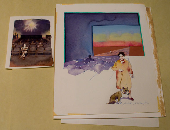 Color sketch and art of people in a movie theater