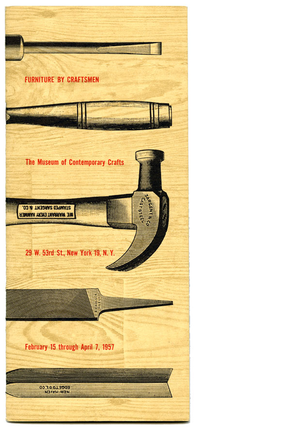 A cover of a catalog. The page has a wooden texture background with drawings of 5 tools that is used by craftsmen.