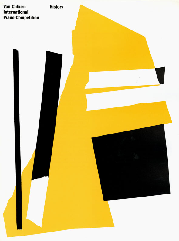 Graphic design of an abstract piano made with black, white and yellow paper against a white background. At the top is "Van Cliburn International Piano Competition History" in black bold text.