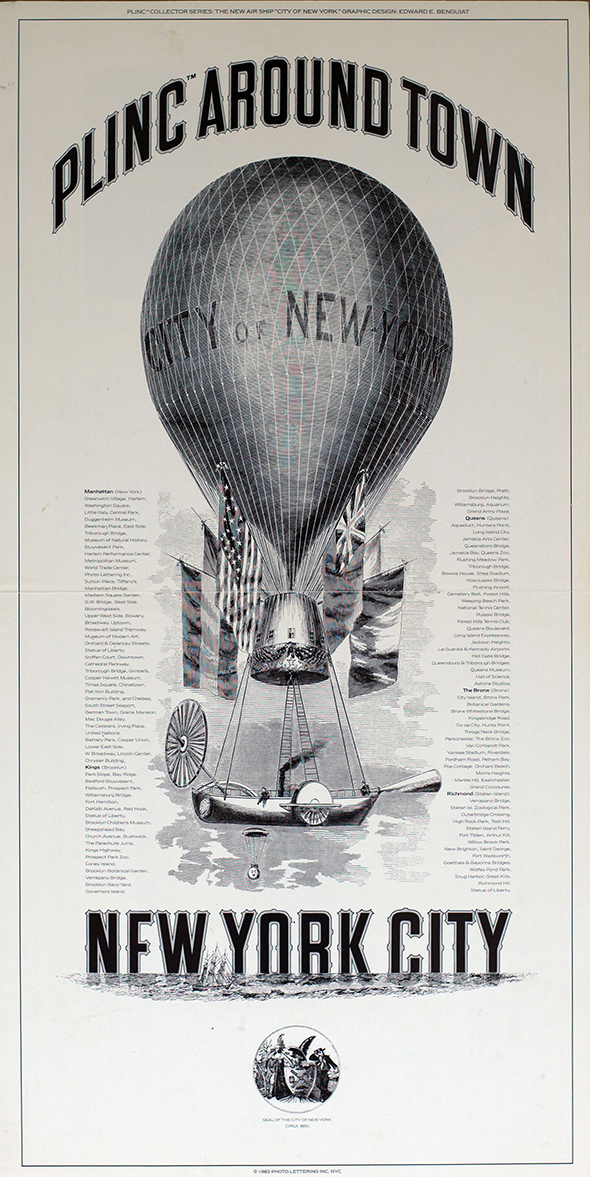 Promotional poster for Photo-Lettering Inc. depicting steam boat carried by a hot air balloon.