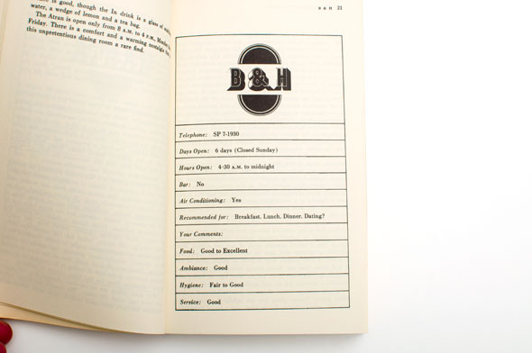 Book opened to show a grid like review of a restaurant called B&H;