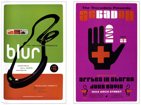 Two posters for "Blur". The left poster has 3 horizontal stripes; green, white, and red as the background.  A silhouette of a high way that twists and loops is in the middle. There are one green and one white car in the foreground. On the top left of the highway is a small rectangle with 3 different images of a car. Underneath it is " Blur" is big white letters. On the right poster it was a violet background a simple illustration of a black hand with a bandage wrapped around its index is in the middle. "Secadoh" is above it. 