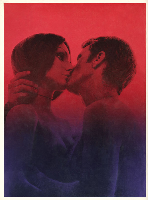 Red to blue (gradient color) photograph of a man kissing a female mannequin.