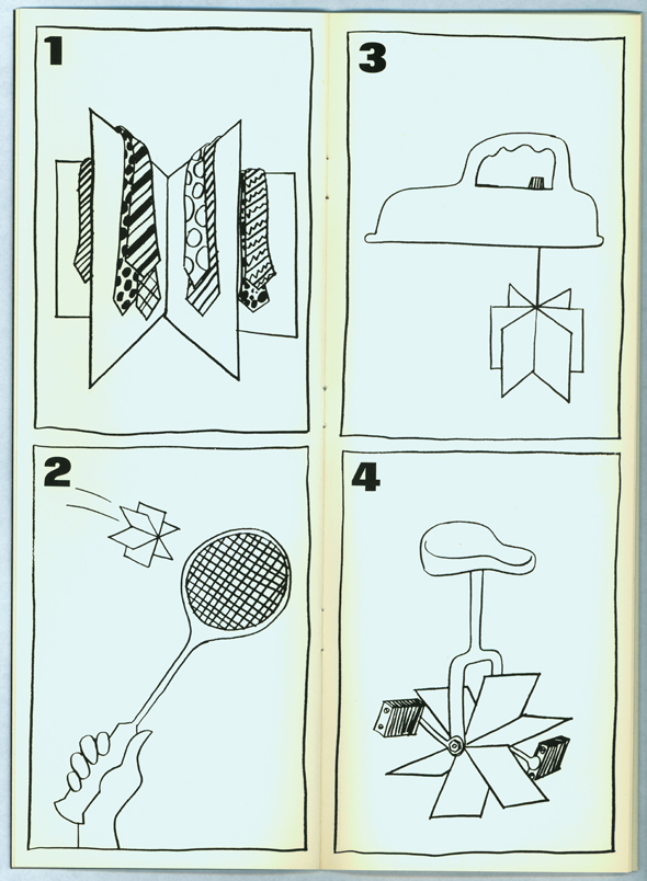 4-panel comic strip depicting possible uses for the Prang (tennis ball, tie rack, unicycle wheel, and mixer attachment)