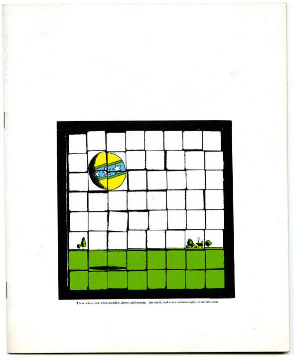 An illustration on a paper booklet. Illustration is on the bottom of the booklet's cover in a thick black square background. It's a yellow ball with a single thick blue stripe with white stars in mid air in an empty bright green field of grass with a few trees in the far distance. The illustration has a collage look to it, with the illustration broken into small squares that are put to together.